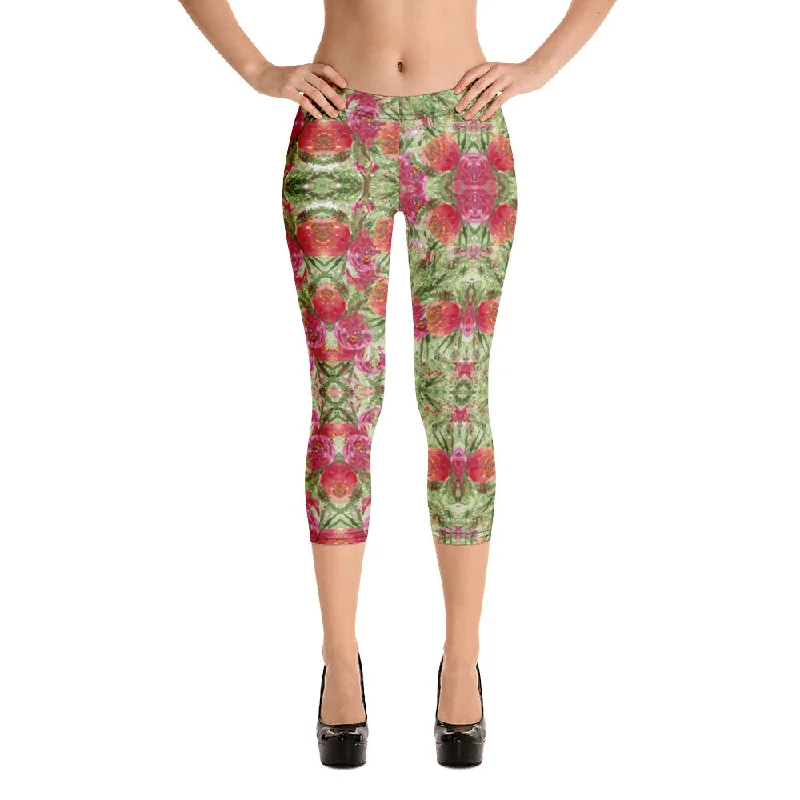 Red Floral Print Capri Leggings, Watercolor Rose Flower Print Women's Casual Capris Tights-Made in USA/EU Fashionable Plus-Size Activewear
