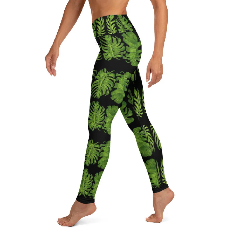Black Tropical Leaf Yoga Leggings, Green Hawaiian Style Print Women's Tights-Made in USA/EU Trendy Seamless Fit Leggings
