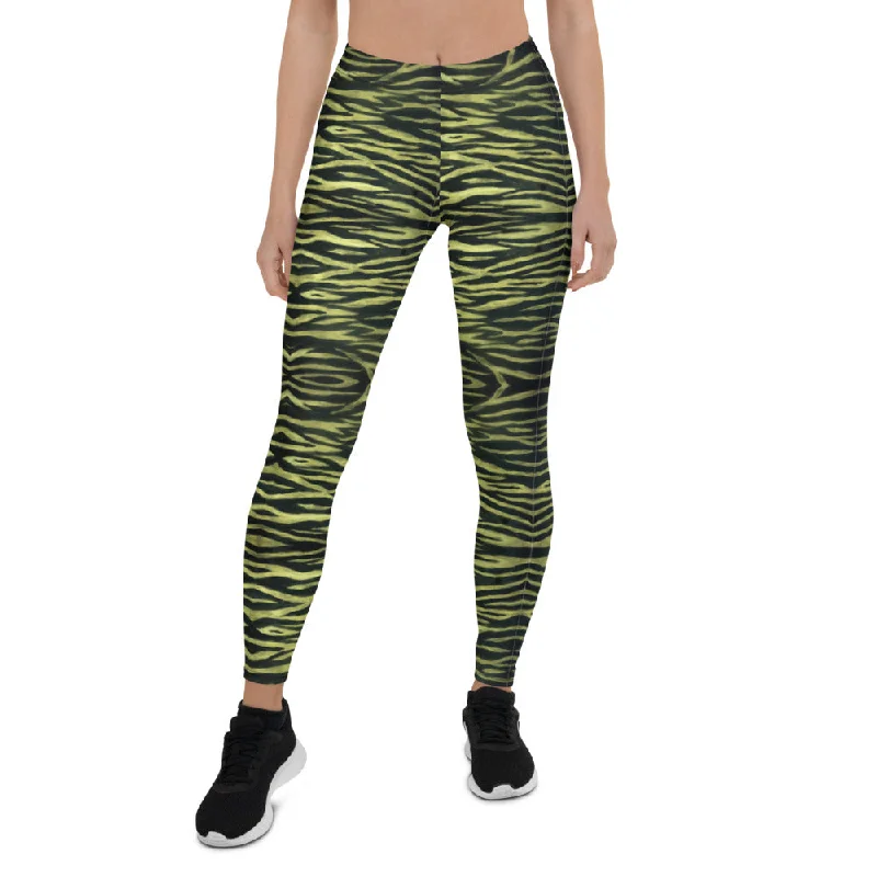 Yellow Tiger Striped Casual Leggings, Animal Print Tiger Stripes Fashion Women's Tights-Made in USA/EU Fashionable Quick-Dry Yoga Pants