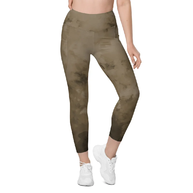 Brown Abstract Leggings With Pockets, Abstract Best Leggings With Pockets For Women - Made in USA/EU/MX Comfortable Plus Size Leggings