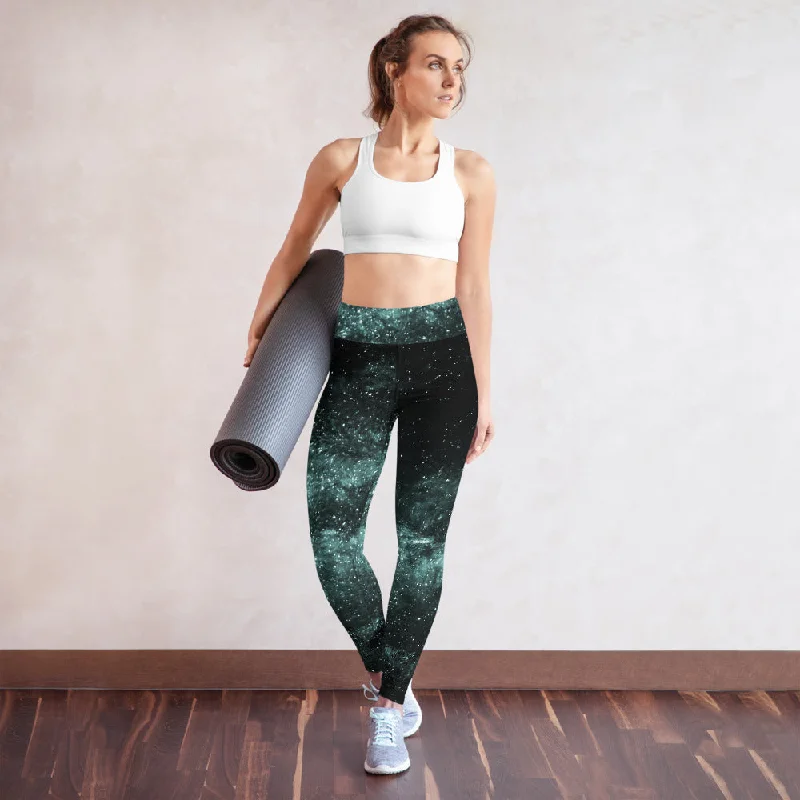 Galaxy Women's Yoga Leggings, Space Cosmos Blue Designer Long Tights For Women-Made in USA/EU Comfortable Power Mesh Leggings