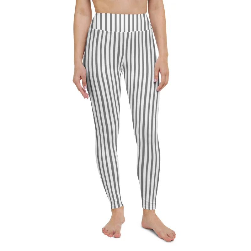 Grey White Striped Yoga Leggings, Vertically Striped Long Women's Long Tights-Made in USA/EU/MX Trendy Full-Length Leggings