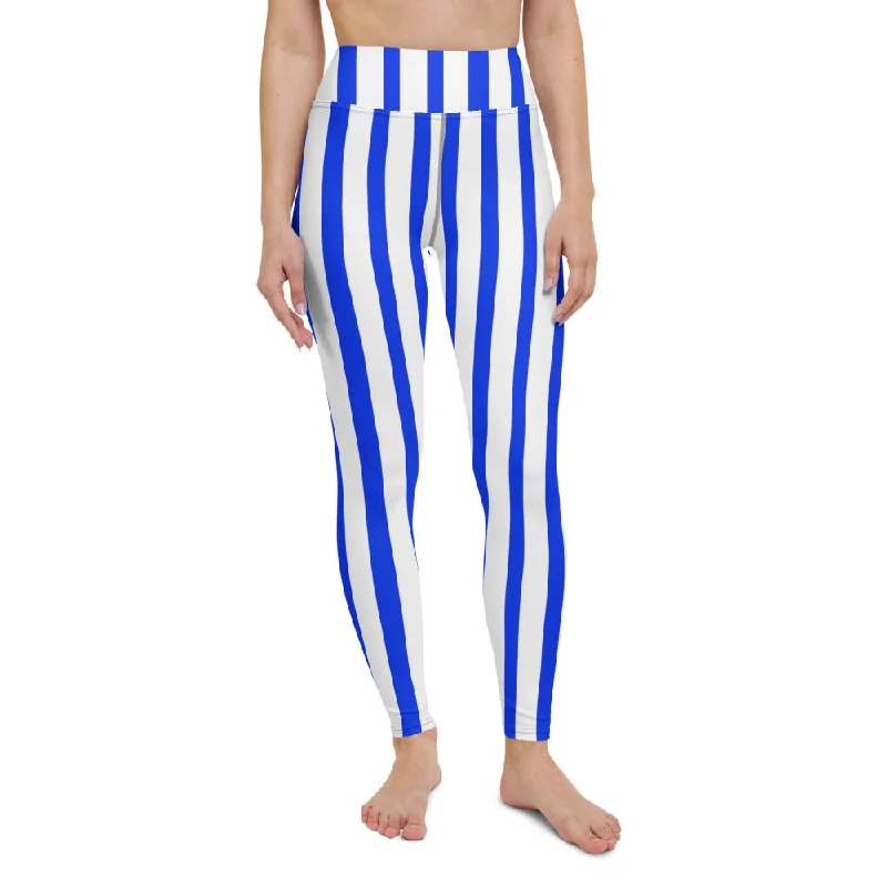 Blue White Striped Yoga Leggings, Vertical Striped Colorful Women's Long Tights-Made in USA/EU Stylish High-Waisted Leggings
