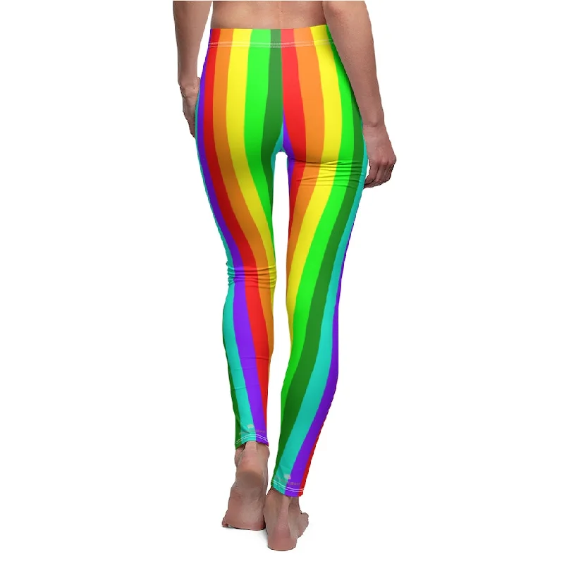 Rainbow Striped Women's Casual Leggings, Bright Gay Pride Party Vertical Stripes Tights For Women-Made in USA Comfortable Wide-Band Leggings