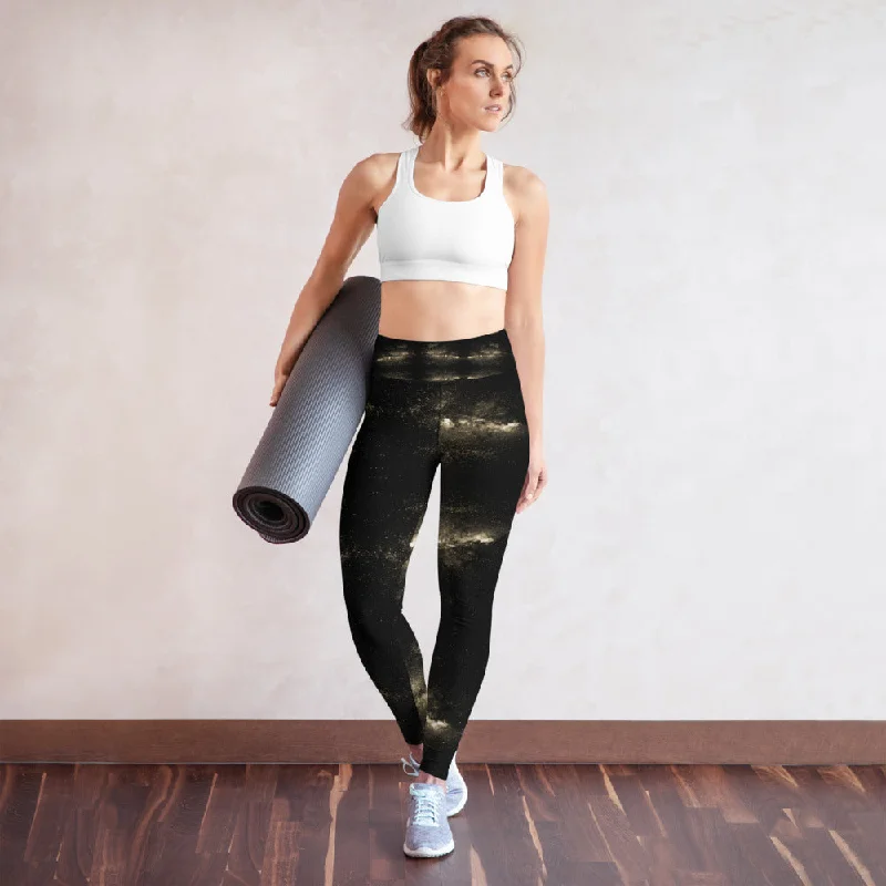 Galaxies Women's Yoga Leggings, Golden Galaxy Space Print Long Yoga Tights-Made in USA/EU/MX Trendy Foil Finish Leggings