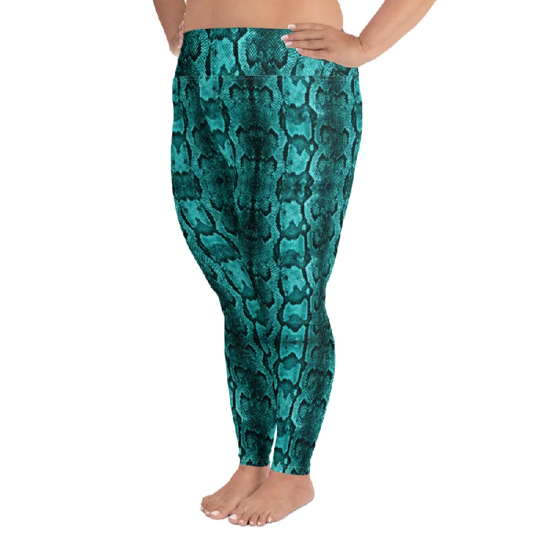 Blue Snake Plus Size Leggings, Best Snake Skin Print Plus Size Leggings For Ladies- Made in USA/EU/MX Elegant Sheer Leggings