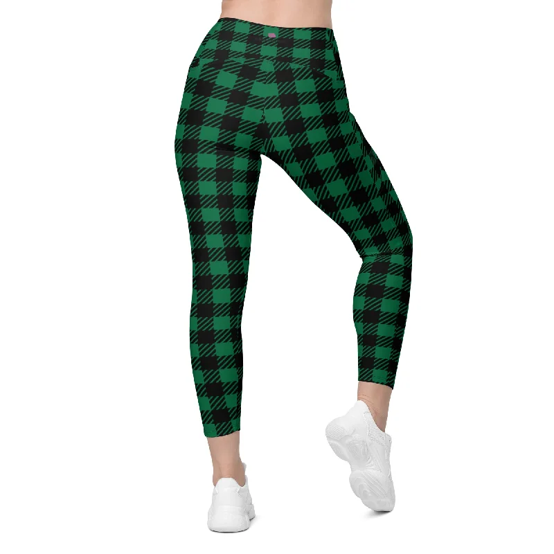 Green Plaid Print Women's Tights, Best Green Plaid Print Women's Crossover Leggings With Pockets For Ladies - Made in USA/EU/MX Comfortable Athletic Tights