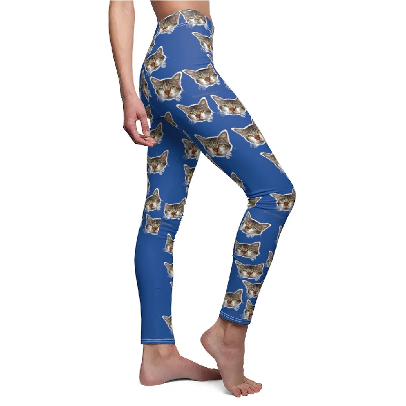Blue Calico Cat Leggings, Dark Blue Peanut Meow Cat Cute Calico Print Women's Fancy Casual Leggings- Made in USA Cozy Mid-Rise Workout Leggings