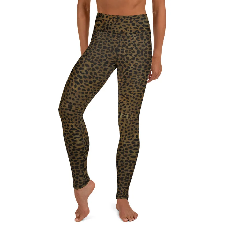 Brown Cheetah Print Yoga Leggings, Animal Print Best Designer Women's Long Yoga Pants - Made in USA/EU Comfortable Plus Size Leggings