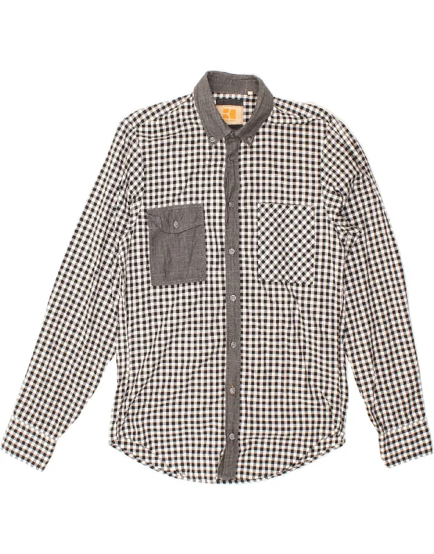 HUGO BOSS Mens Shirt Medium Black Gingham Cotton Denim Fabric Leather Fabric Suede Fabric