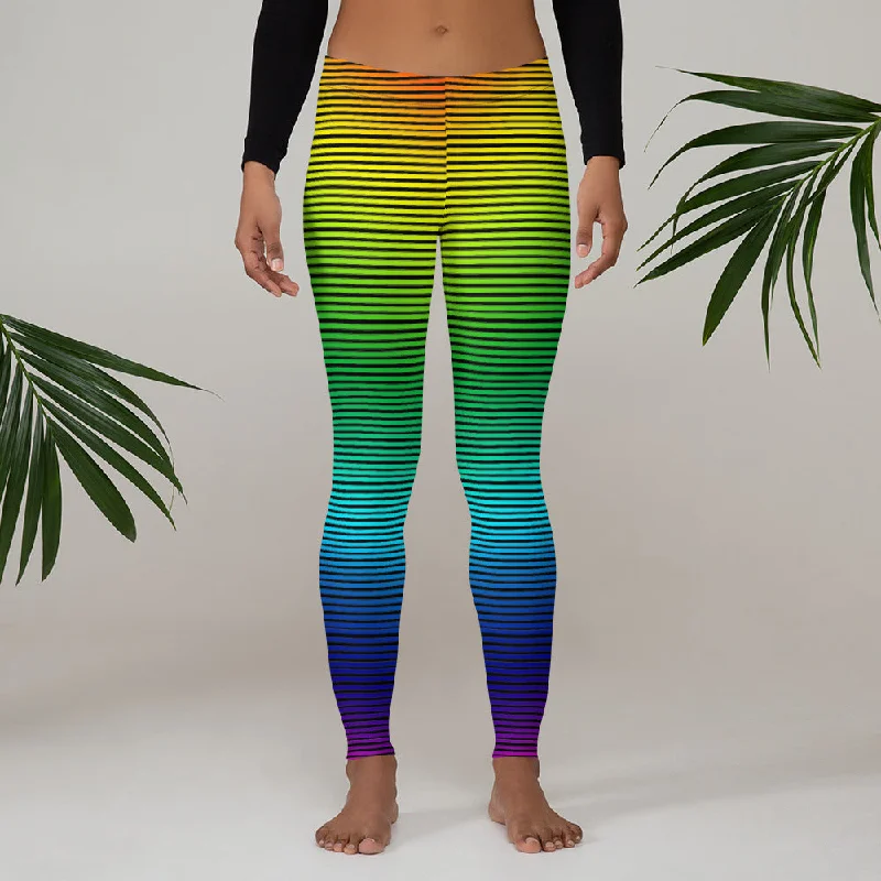 Rainbow Striped Women's Casual Leggings, Designer Fancy Colorful Tights-Made in USA/EU/MX Cozy Textured Workout Leggings