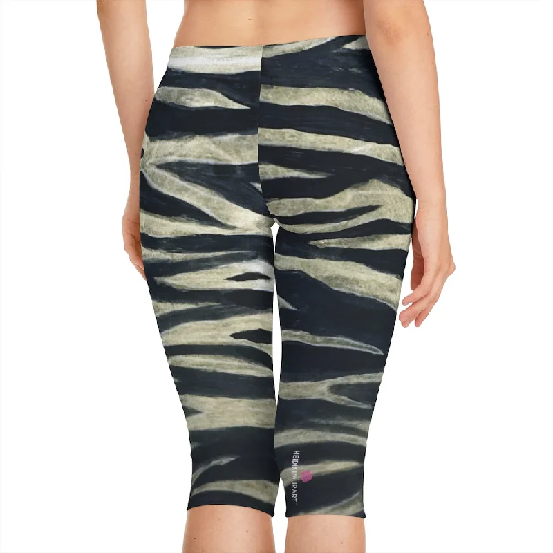 Black Tiger Women's Capri Leggings, Knee-Length Polyester Capris Tights-Made in USA (US Size: XS-2XL) Stylish Sweatproof Leggings