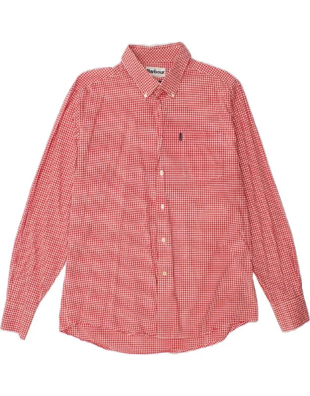 BARBOUR Mens Ruffle Front Shirt XL Red Gingham Cotton Hooded Caped Shawl Collar