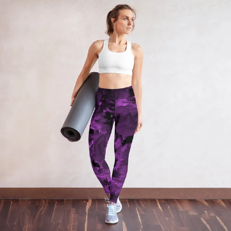 Purple Abstract Floral Yoga Leggings, Flower Rose Printed Women's Long Gym Tights-Made in USA/EU/MX Classic Solid Color Leggings