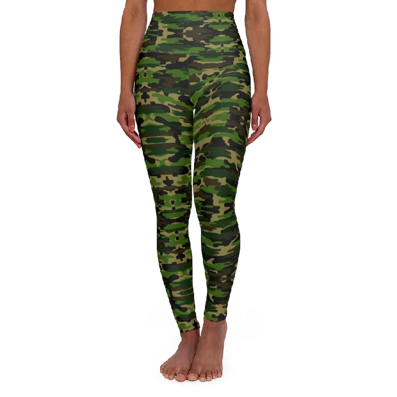Green Camo Print Yoga Tights, Army Print Women's Best High Waisted Yoga Leggings -Made in USA (US Size: XS-2XL) Fashionable Seamless Leggings
