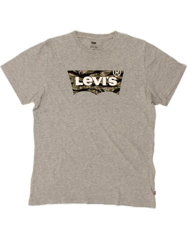 LEVI'S Mens Graphic T-Shirt Top  Medium Grey Cotton Beaded Sequined Faux Fur