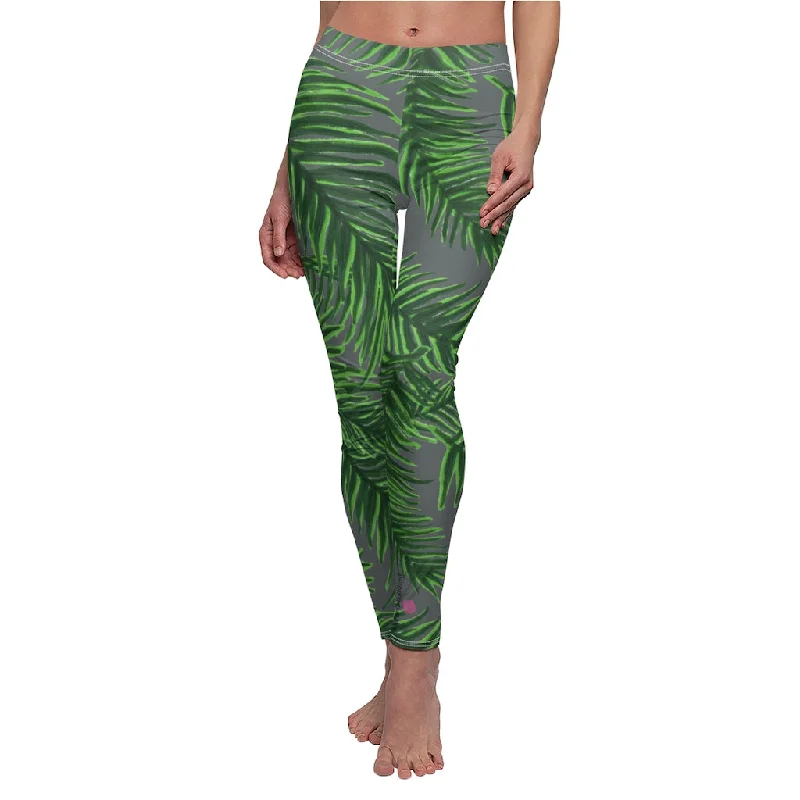 Grey Tropical Leaves Casual Leggings, Green Jungle Palm Tree Women's Long Leggings-Made in USA Trendy Full-Length Leggings