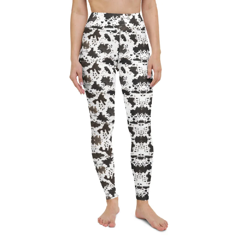 Brown Cow Print Yoga Leggings, Animal Print Women's Long Sports Tights-Made in USA/EU/MX Stylish Capri Leggings