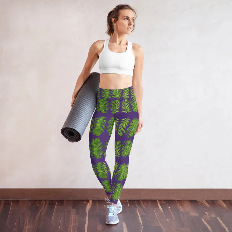 Purple Tropical Leaf Yoga Leggings, Hawaiian Style Leaves Print Women's Long Gym Tights-Made in USA/EU Stylish Faux Leather Leggings