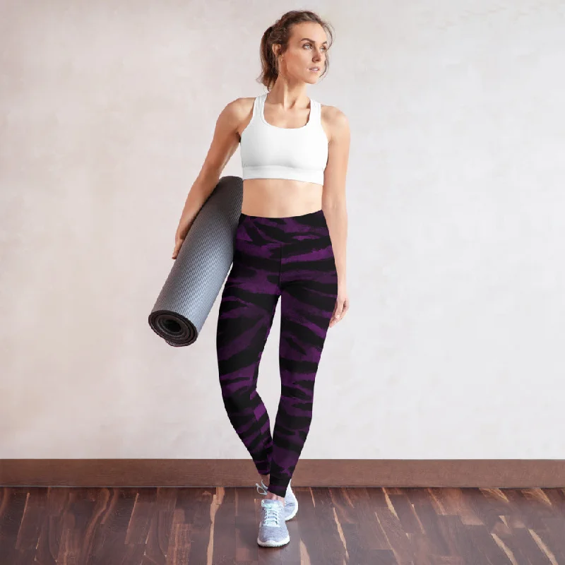 Purple Tiger Striped Yoga Leggings, Colorful Animal Print Women's Long Yoga Pants-Made in USA/EU Trendy Patterned Leggings