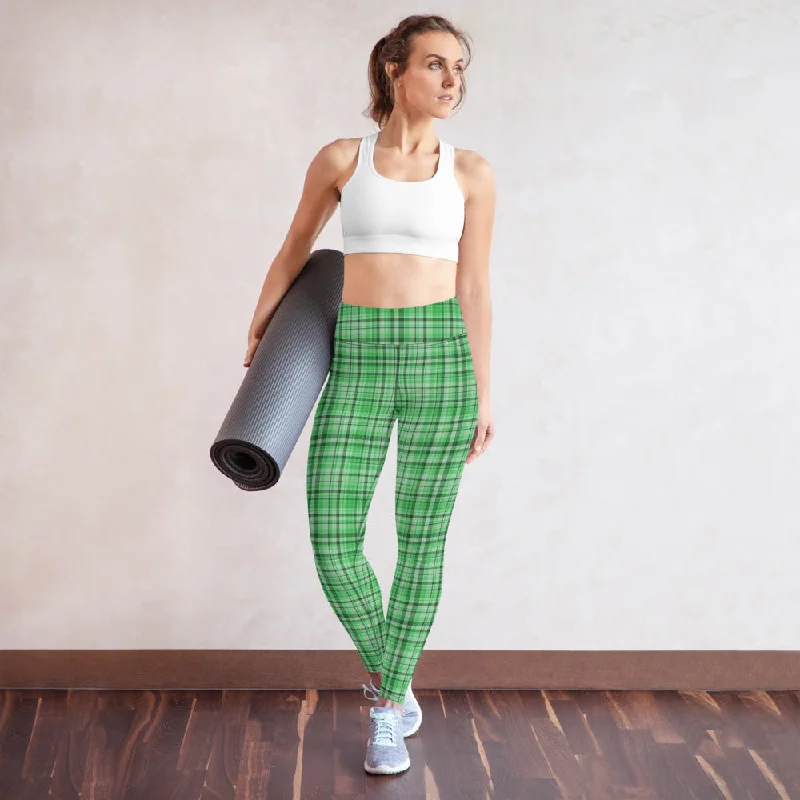 Green Plaid Print Yoga Leggings, Bright Scottish Tartan Printed Women's Long Yoga Pants-Made in USA/EU Fashionable Tummy Control Leggings