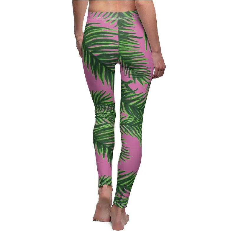 Pink Tropical Leaves Casual Leggings, Green Jungle Palm Tree Women's Long Leggings-Made in USA Casual Sporty Leggings