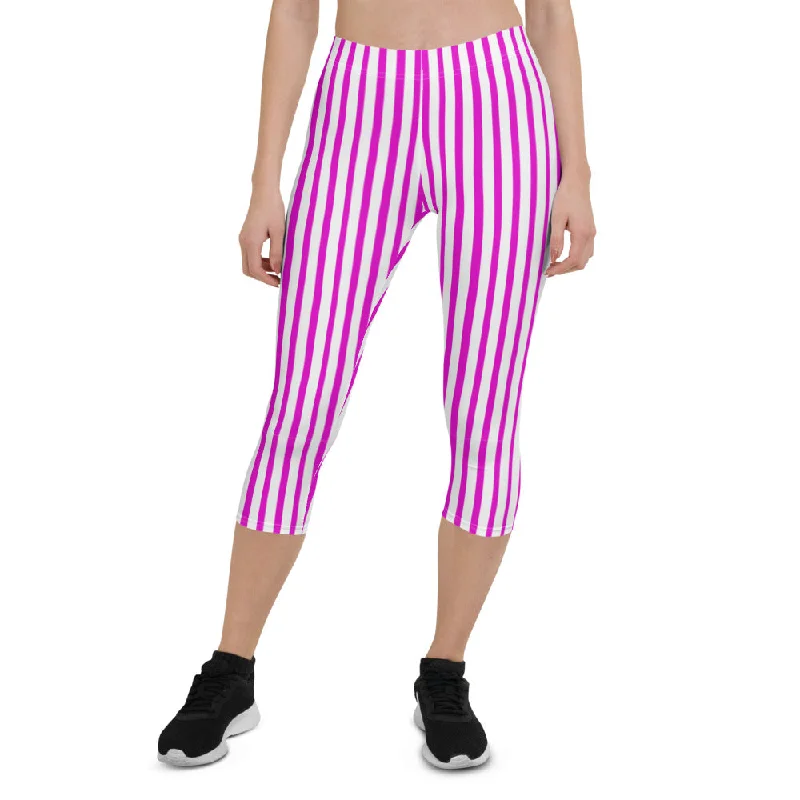 Hot Pink Striped Capri Leggings, Designer Modern Women's Capris Tights-Made in USA/EU/MX Trendy Black Mesh Leggings