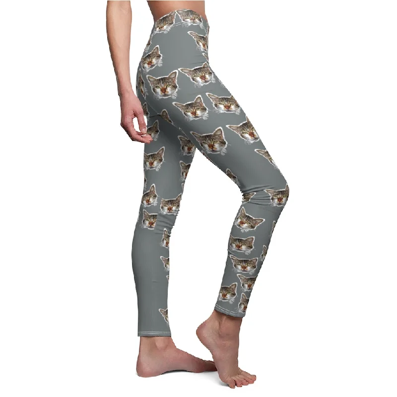 Grey Calico Cat Leggings, Dark Grey Peanut Meow Cat Cute Calico Print Women's Fancy Casual Leggings- Made in USA Stylish Printed Sport Leggings