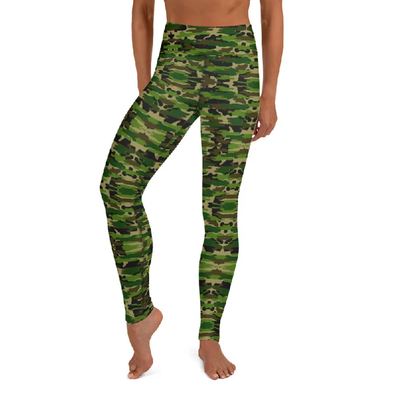 Green Camo Women's Yoga Leggings, Camouflage Army Military Print Women's Long Tights-Made in USA/EU Fashionable Quick-Dry Leggings