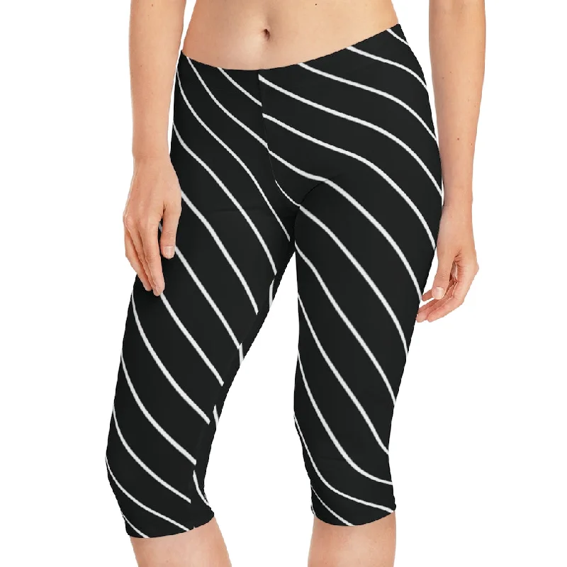 Diagonally Striped Women's Capri Leggings, Knee-Length Polyester Capris Tights-Made in USA (US Size: XS-2XL) Trendy Side-Pocket Leggings