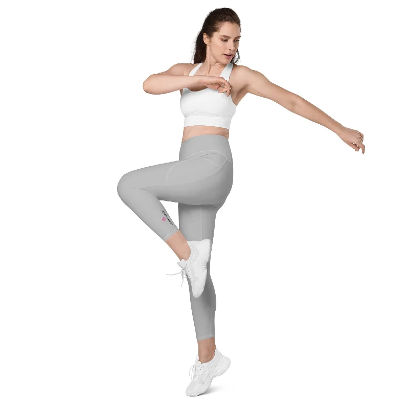 Light Grey Women's Leggings, Solid Color Best Leggings With Pockets For Women - Made in USA/EU/MX Trendy Mesh Leggings