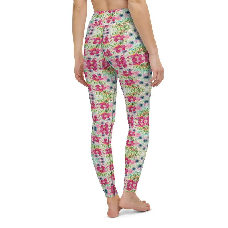 Pink Floral Yoga Leggings, Pink Flower Rose Print Women's Long Tights-Made in USA/EU/MX Trendy High-Compression Leggings