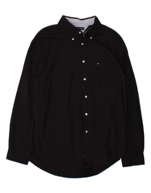 TOMMY HILFIGER Mens Shirt XL Black Cotton Satin Blend Silk Blend Wool Blend