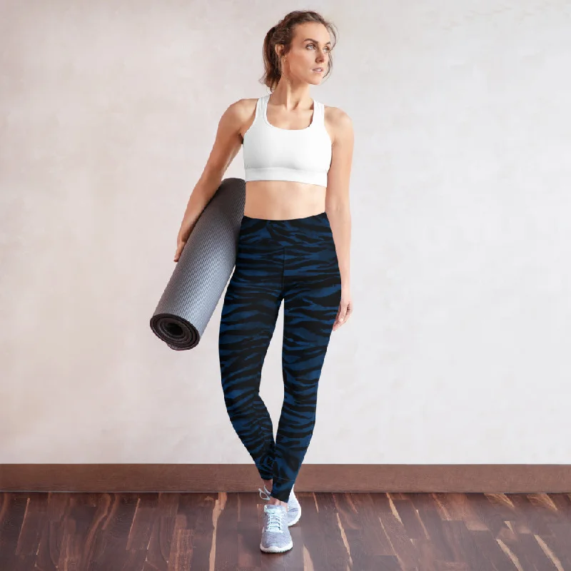 Navy Blue Tiger Yoga Leggings, Striped Animal Print Workout Tights For Women-Made in USA/EU Cozy Fashion Leggings
