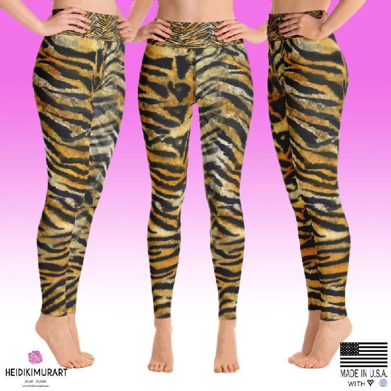 Tiger Striped Women's Yoga Pants, Bengal Animal Print Yoga Leggings- Made in USA/EU Trendy High-Waist Tummy Control Leggings