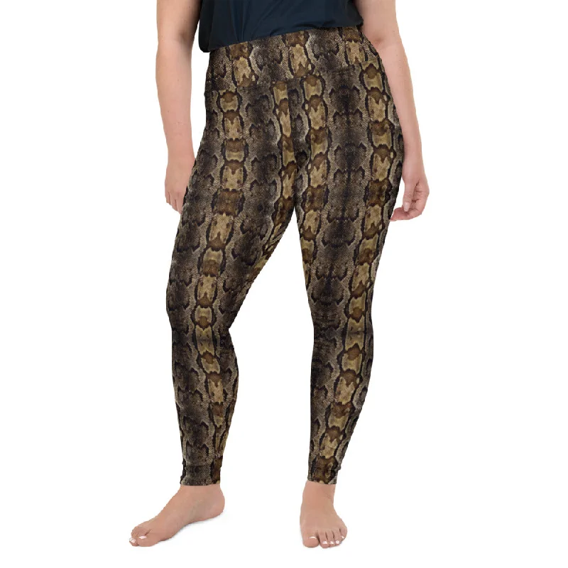 Brown Snake Print Women's Tights, Best Print Plus Size Leggings For Ladies- Made in USA/EU/MX Comfortable Leggings with Pockets