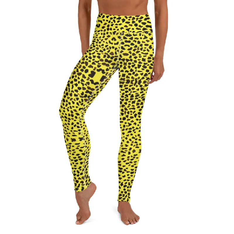 Yellow Cheetah Print Yoga Leggings, Premium Quality Animal Print Women's Long Tights-Made in USA/EU Comfortable Capri-Length Leggings