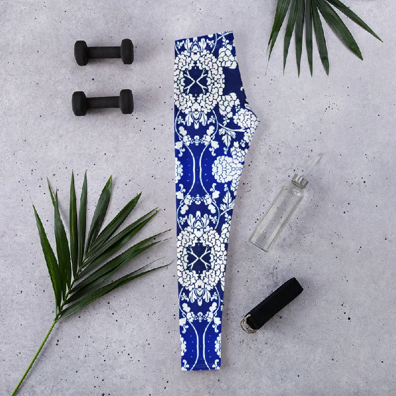 Blue Floral Women's Causal Tights, Oriental Style Casual Tights Leggings For Women - Made in USA/EU/MX Fashionable Smooth Fit Leggings