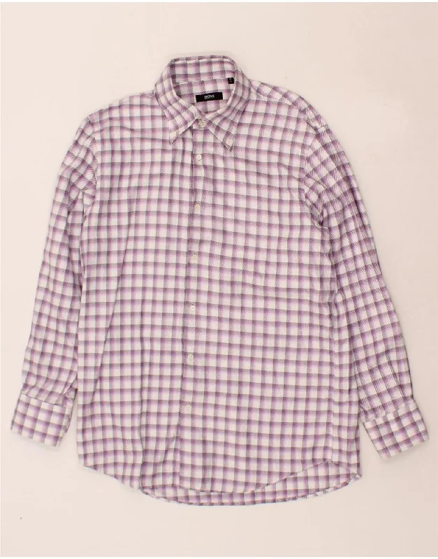 HUGO BOSS Mens Flannel Shirt SIze 15 41 Medium Purple Check Cotton Oversized T-Shirt Spandex breathable