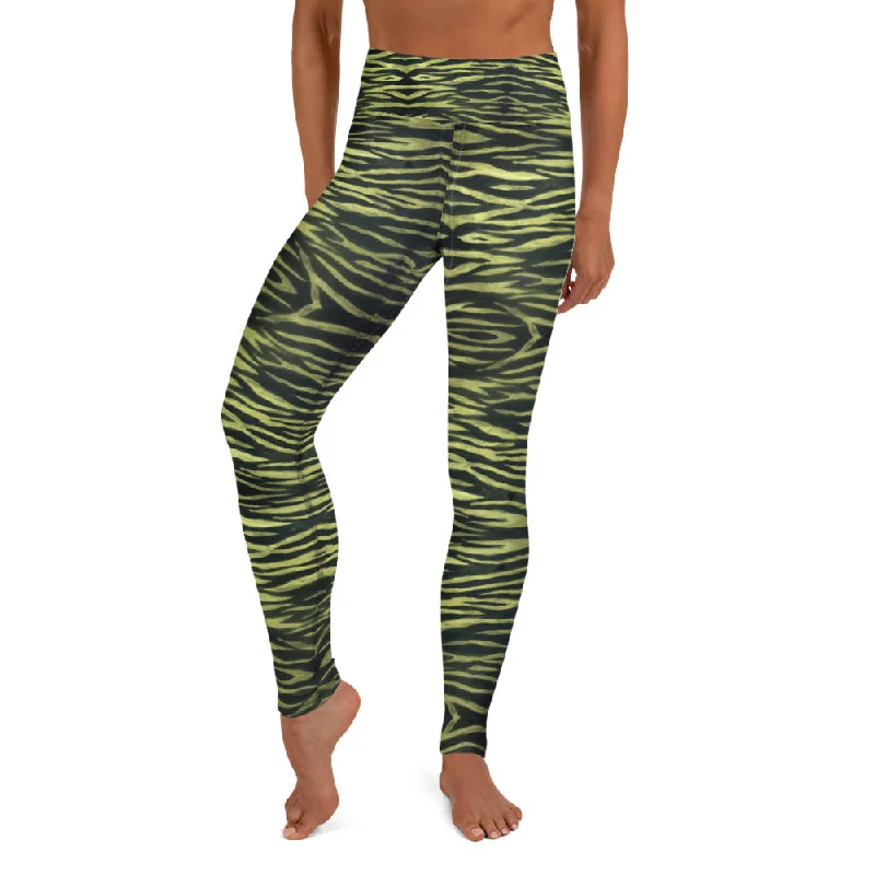 Yellow Tiger Striped Yoga Leggings, Black Tiger Striped Animal Print Women's Long Gym Tights Comfortable Yoga Tights Leggings