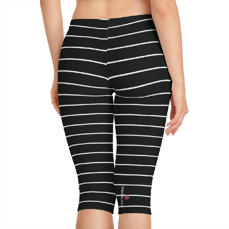 Black Striped Women's Capri Leggings, Knee-Length Polyester Capris Tights-Made in USA (US Size: XS-2XL) Comfortable Ribbed Waistband Leggings
