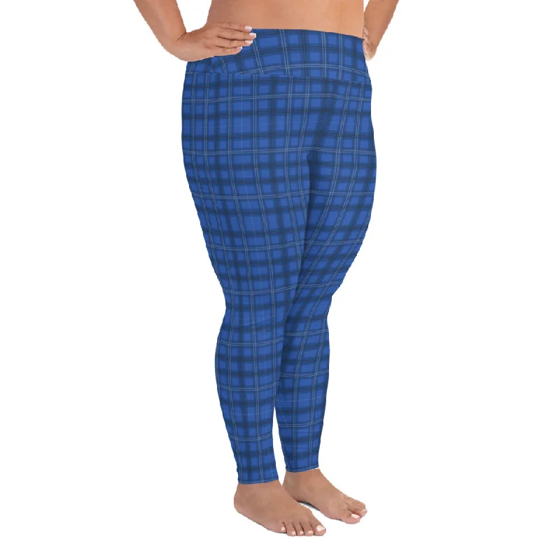 Royal Blue Plaid Print Leggings, Plaid Printed Women's Designer Plus Size Leggings  For Curvy Ladies - Made in USA/EU Elegant Animal Print Leggings