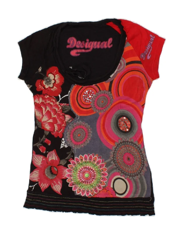 DESIGUAL Womens Graphic T-Shirt Top UK 10 Small Black Colourblock Cotton Front Pockets Side Pockets Patch Pockets