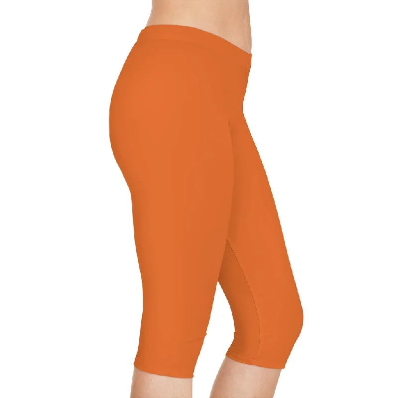 Orange Color Women's Capri Leggings, Knee-Length Polyester Capris Tights-Made in USA (US Size: XS-2XL) Cozy Workout Performance Leggings