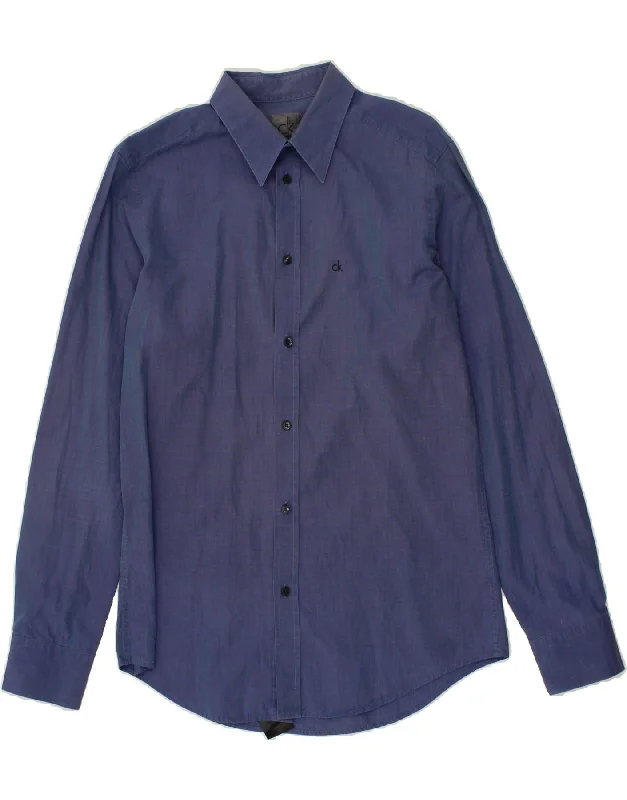 CALVIN KLEIN Mens Slim Fit Shirt Small Navy Blue Cotton Fabric Linen Fabric Terry Fabric