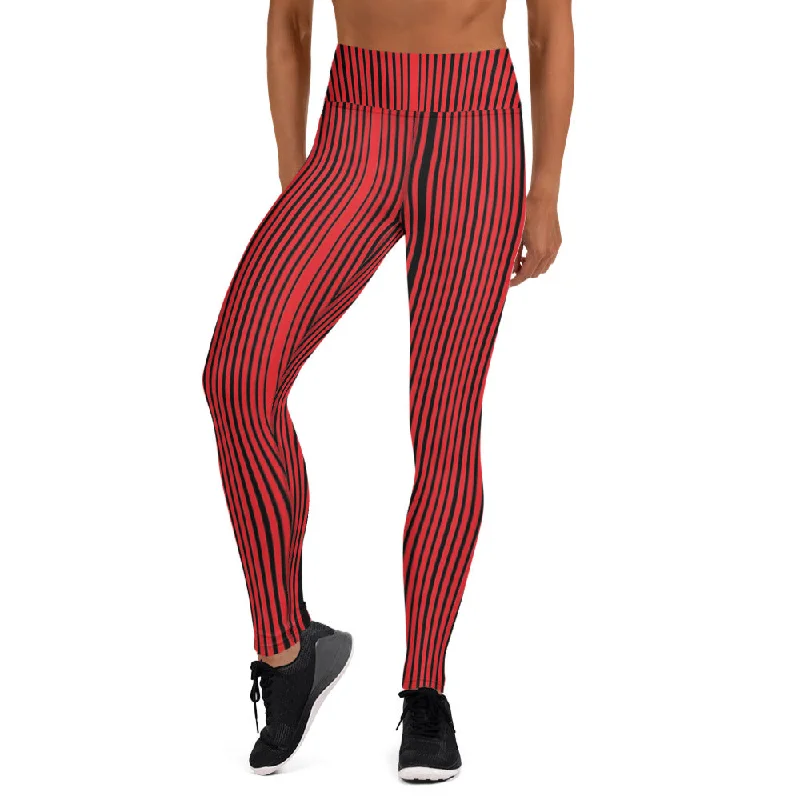 Red Black Striped Yoga Leggings, Vertically Striped Women's Long Gym Pants-Made in USA/EU Cozy Full-Length Workout Leggings