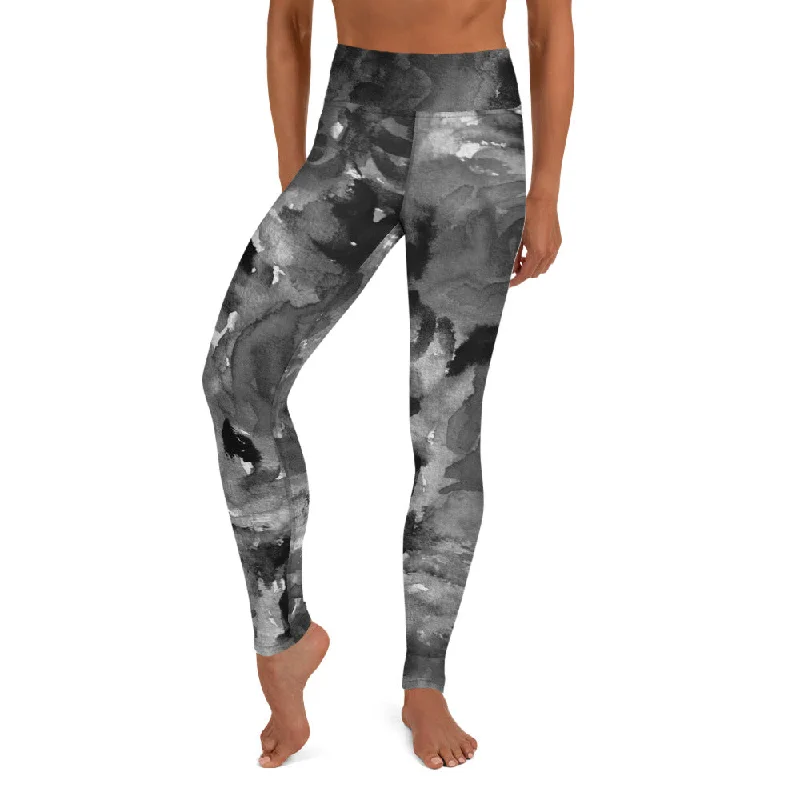 Grey Floral Abstract Yoga Leggings, Flower Print Long Designer Women's Tights-Made in USA/EU Stylish Ankle-Length Leggings