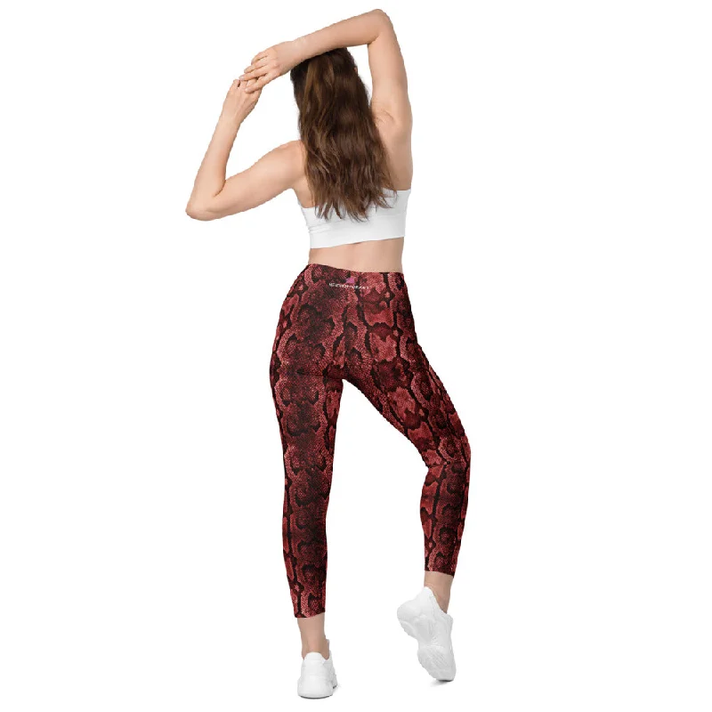 Red Snake Print Tights, Women's 7/8 Leggings With 2 Side Pockets - Made in USA/EU/MX Fashionable Plus-Size Activewear