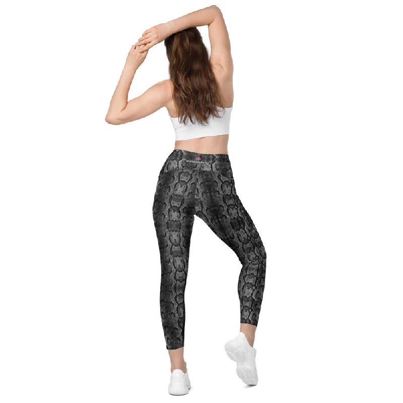 Grey Snake Print Women's Tights, Women's 7/8 Leggings With 2 Side Pockets - Made in USA/EU/MX Stylish Athletic Wear Leggings