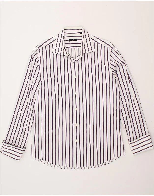 HUGO BOSS Mens Shirt Size 42 16 1/2 Large White Striped Cotton Chenille Blend Fleece Blend Nylon Blend